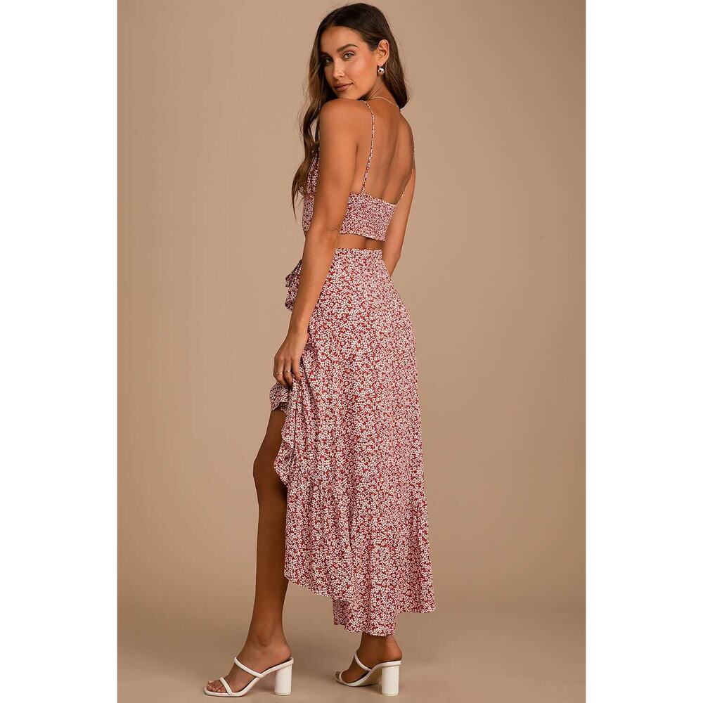 Lulu’s Summer Romance Rust Brown Floral Print Two-Piece Midi Dress Small Boho - Picture 2 of 13